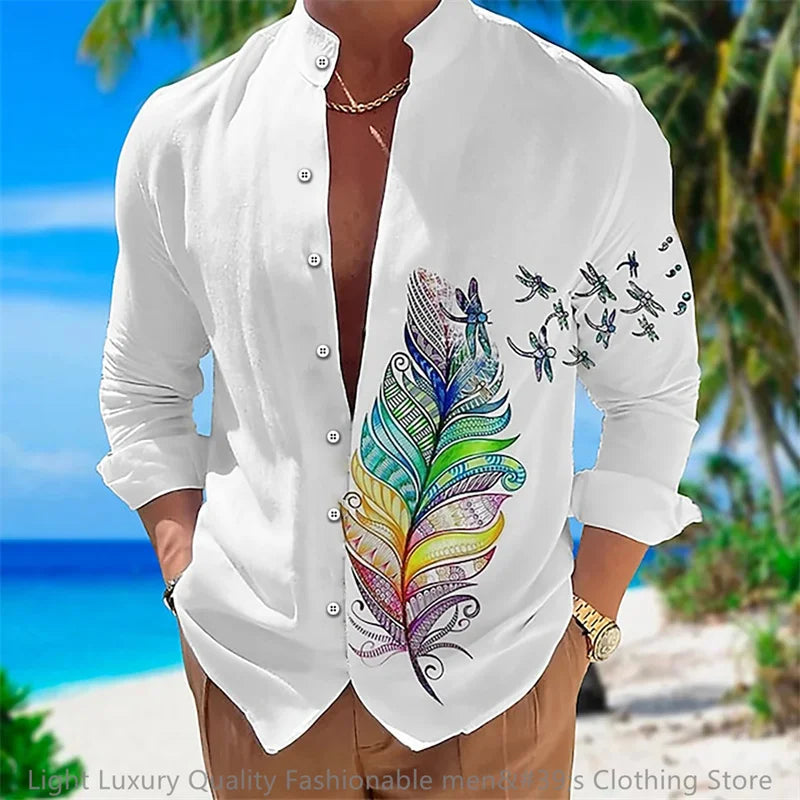 New men's shirt long-sleeved shirt 3D printing flower pattern long-sleeved standing clothing fashion casual XS-6XL soft fabric