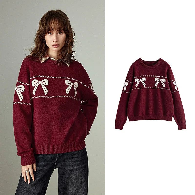 TOYOUTH Women Sweaters 2025 Winter New Bow Jacquard Retro Age-reducing Crew-neck Slightly Loose Warm Tops