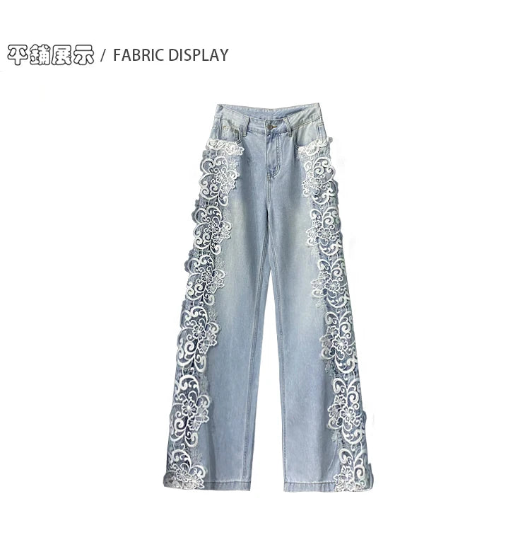 Fashion Light Blue Lace Hollow Splicing Leisure Jeans Women's Summer New High Waist Loose and Versatile Straight Wide-leg Pants