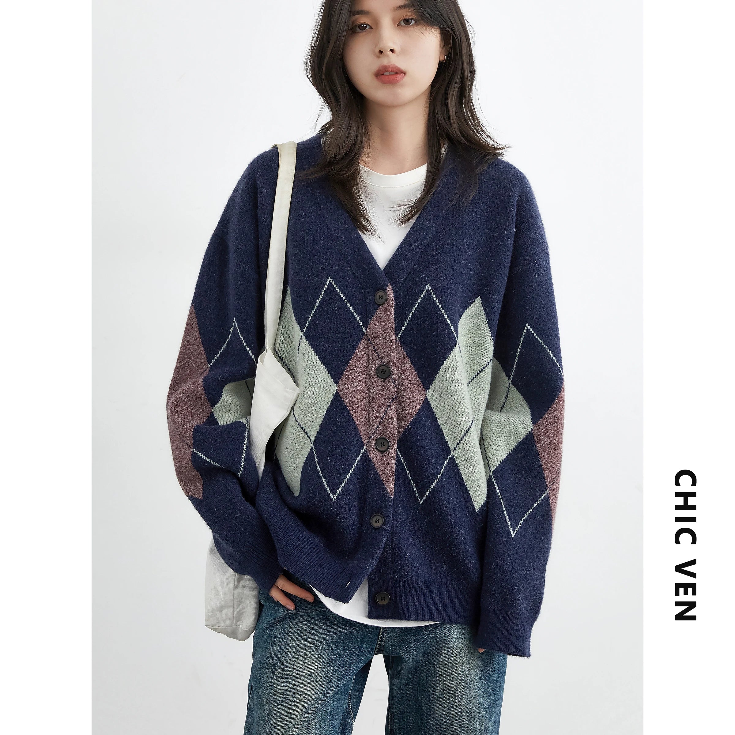 CHIC VEN Women Sweaters Loose Casual Retro Diamond Grid Jacquard Knitted Ladies Cardigan V-neck Jumpers Autumn Winter 2025