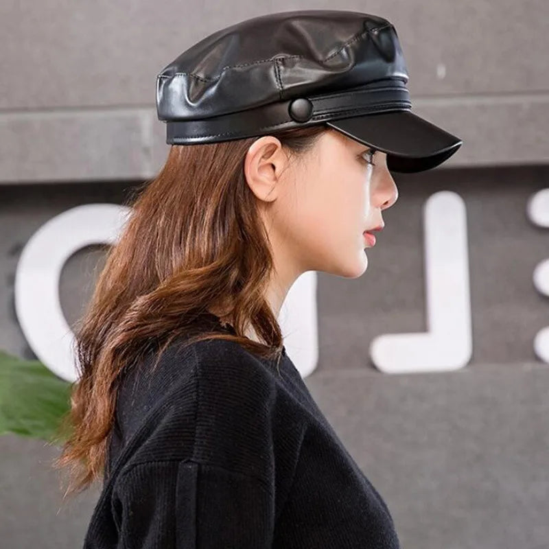 Fashion Unisex PU Leather Military Caps Spring Autumn Sailor Hats for Women Men Black Grey Flat Top Captain Cap Travel Cadet Hat