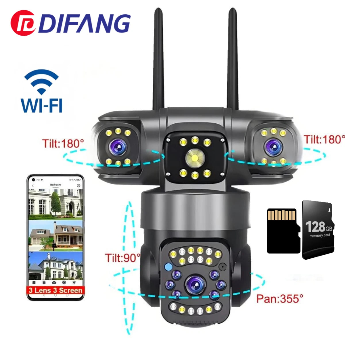 DIFANG 12MP WIFI Solar Camera 3 Len 3 Screen 10X  Zoom Outdoor Wireless Security Cameras Auto Tracking CCTV 24/7 Hour Recording