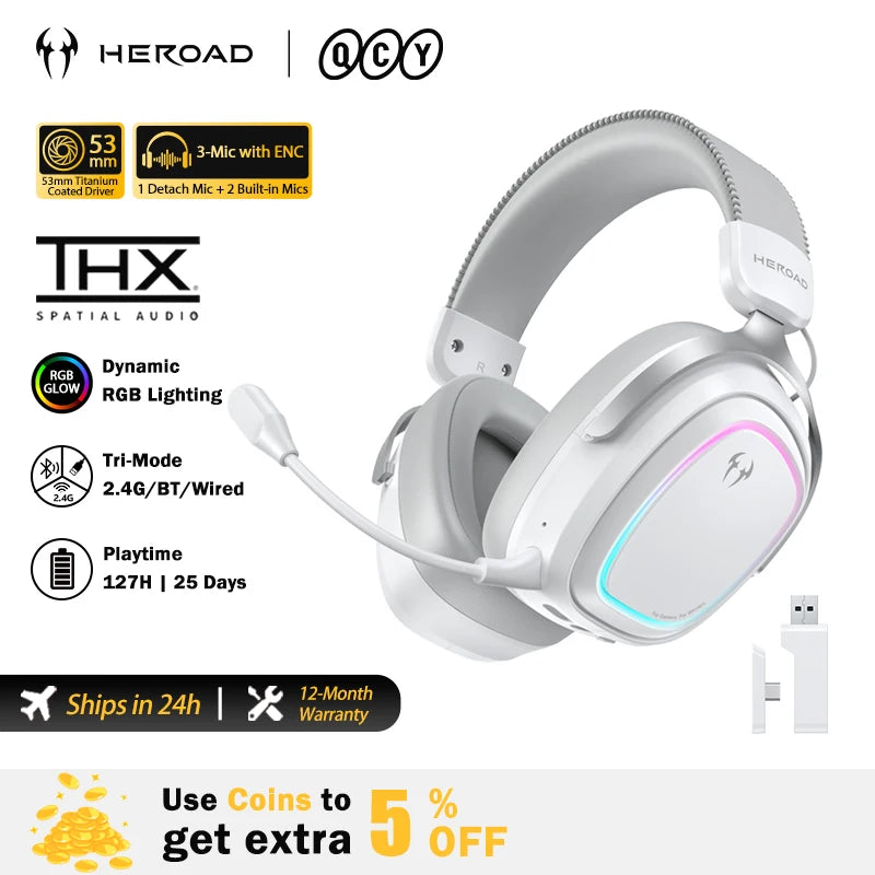Heroad GT2 Wireless Gaming Headset by QCY THX Spatial Audio+7.1.4 Tri-mode RGB 3-Mic ENC Over Ear Headphone for PC Headset Gamer