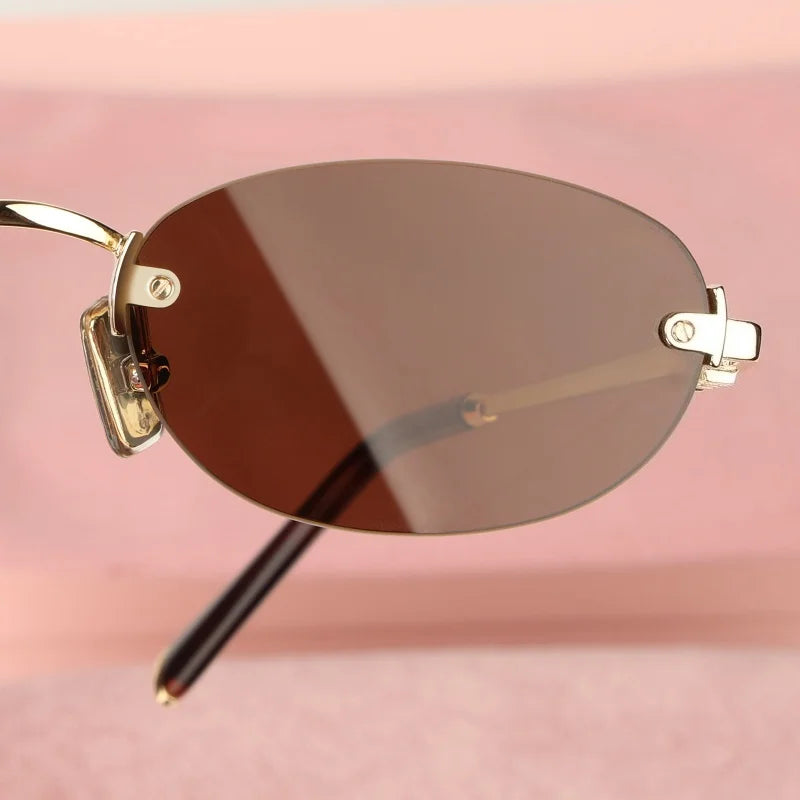 New Oval Rimless Sunglasses For Women Brand Desinger Fashion Ladies Small Eyeglasses Girls Travel Driving Goggles SUN GLASSES