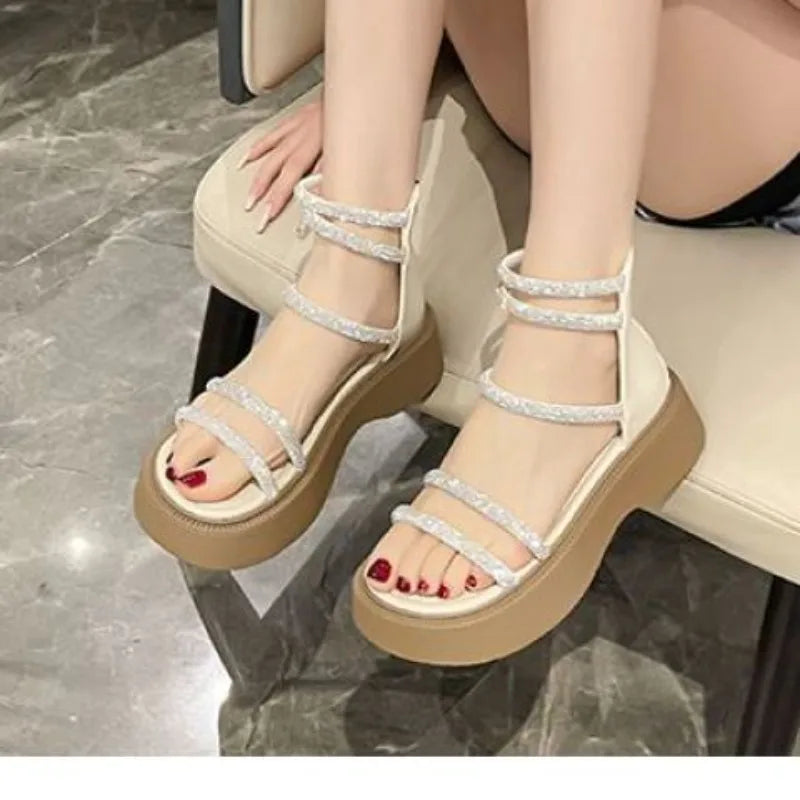Women's Sandals Fashion Thick Soled Ankle Cool Boots Summer Roman Sandals Luxury Rhinestone Casual Cool Boots Sandalias De Mujer