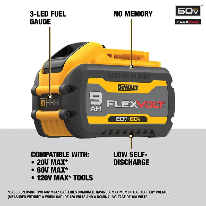 Dewalt 20V/60V 9Ah FlexVolt Lithium Ion Battery Dual Volt 180Wh Replacement Tool Battery Charger Combo Available DCB609 DCB606