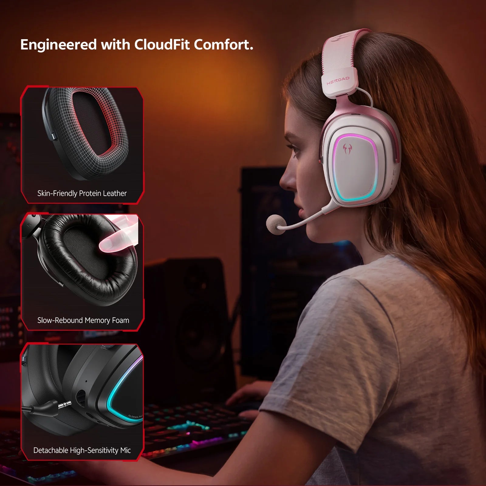 Heroad GT2 Wireless Gaming Headset by QCY THX Spatial Audio+7.1.4 Tri-mode RGB 3-Mic ENC Over Ear Headphone for PC Headset Gamer