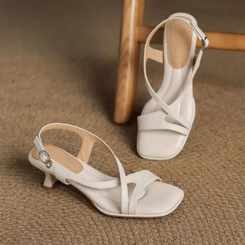 Women Summer Sandals 2026 New Fashion Casual Slingback High Heels Square Toe Cross Strap Party Dress Shoes Office Lady