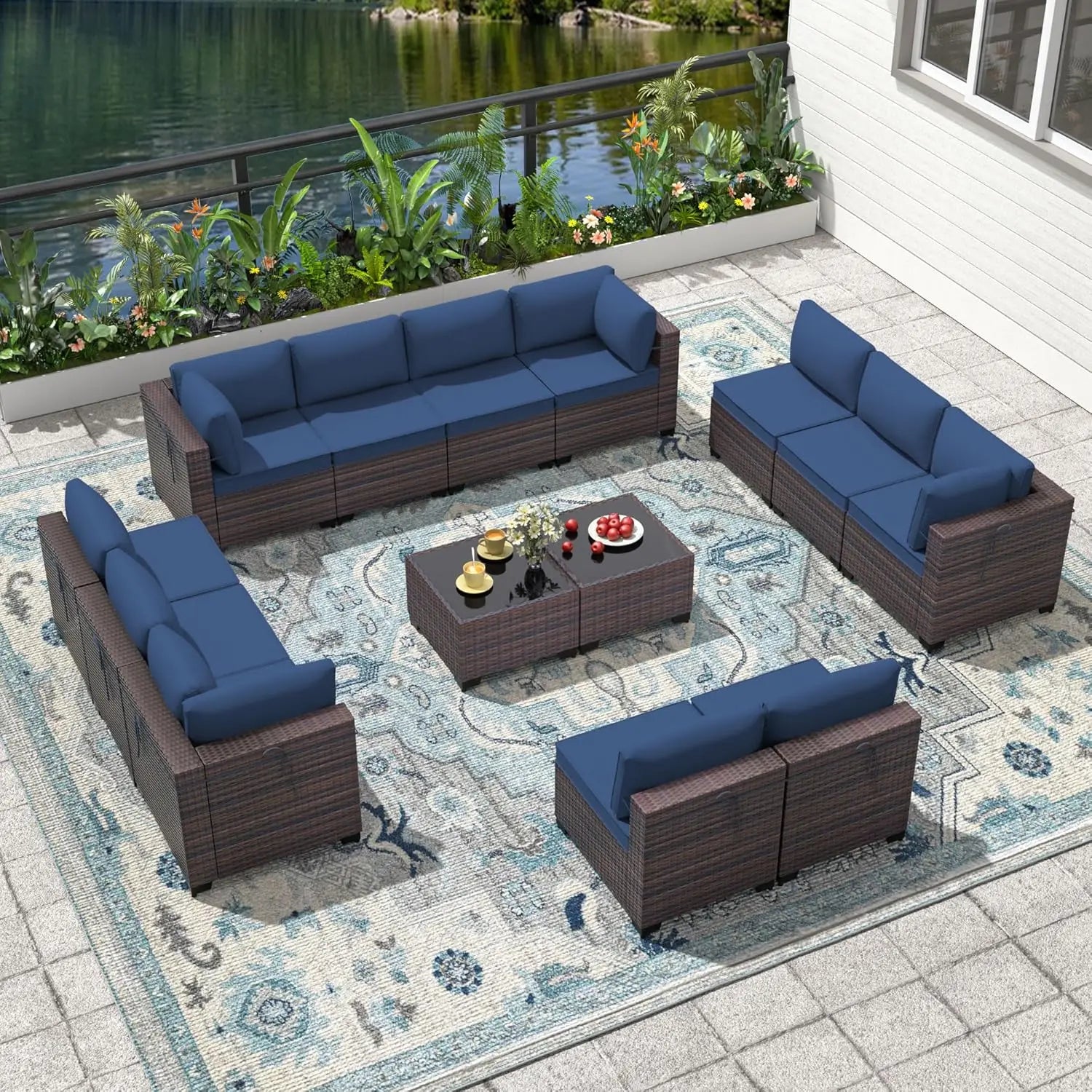14 Pieces Outdoor Patio Furniture Set,Outdoor Sectional Furniture All Weather PE Rattan Wicker Patio Conversation Set, Custom