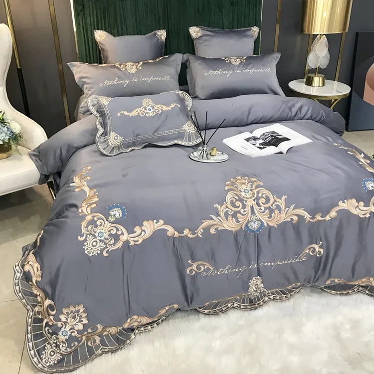 European Style Egyptian 100% Cotton Bedding Set Golden Embroidery Home Textiles Duvet Sheet Pillowcases Set Full King Queen Size