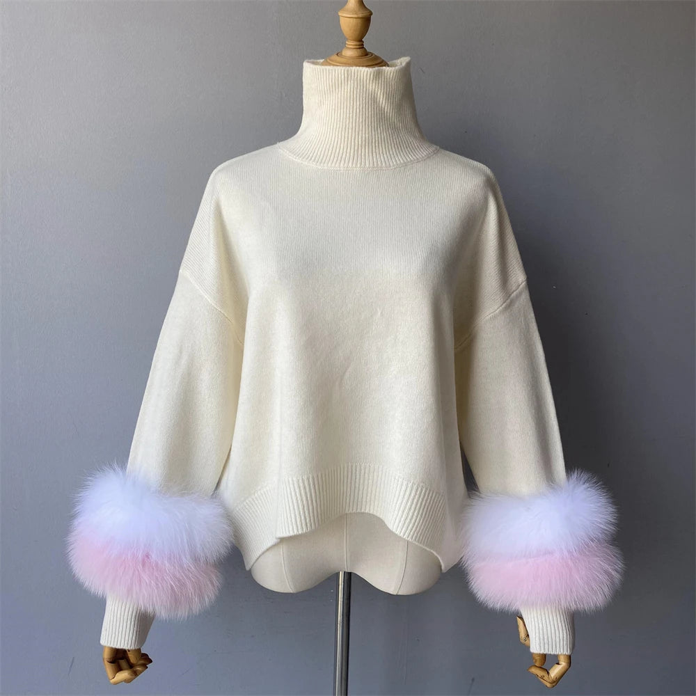 Jxwatcher Fashion Women Sweaters 2023 New Style Wool Knitted Pullover Real Fox Fur Cuffs Ladies Autumn Winter Warm Blouse Female