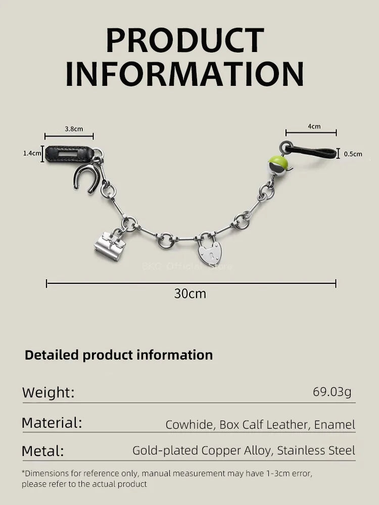 Luxury Metal Spliced Calfskin Bag Charm Silver Chain Pendant For Birkin Kelly Handbag Decor，Fashion Bag Accessory