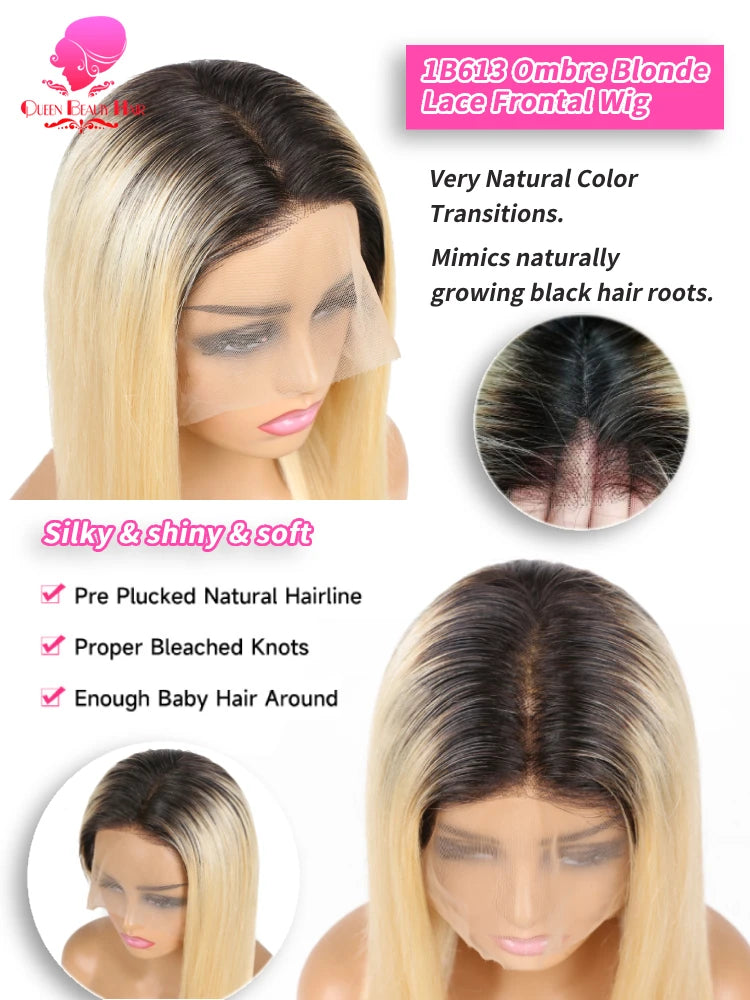 13x6 Lace Frontal Wig 1B 613 Ombre Blonde Full Lace Human Hair Wig Dark Roots Pre Plucked  Lace Front Human Hair Wigs for Women