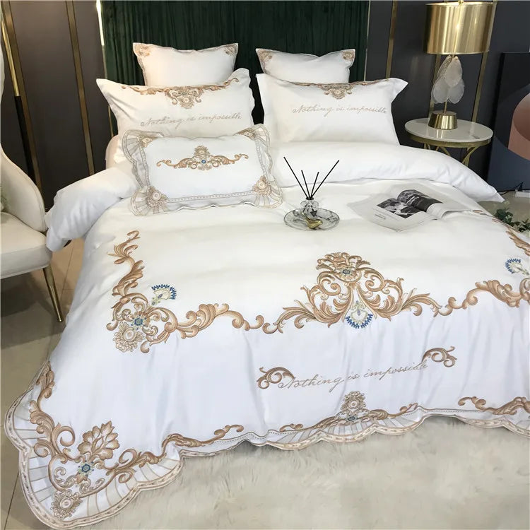European Style Egyptian 100% Cotton Bedding Set Golden Embroidery Home Textiles Duvet Sheet Pillowcases Set Full King Queen Size
