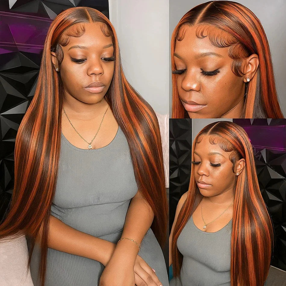 Glueless 100% Human Hair 4/350 Highlight Ombre Straight 13x4 Lace Frontal Wigs With Drawstring Ginger Orange Brown Colored Wig