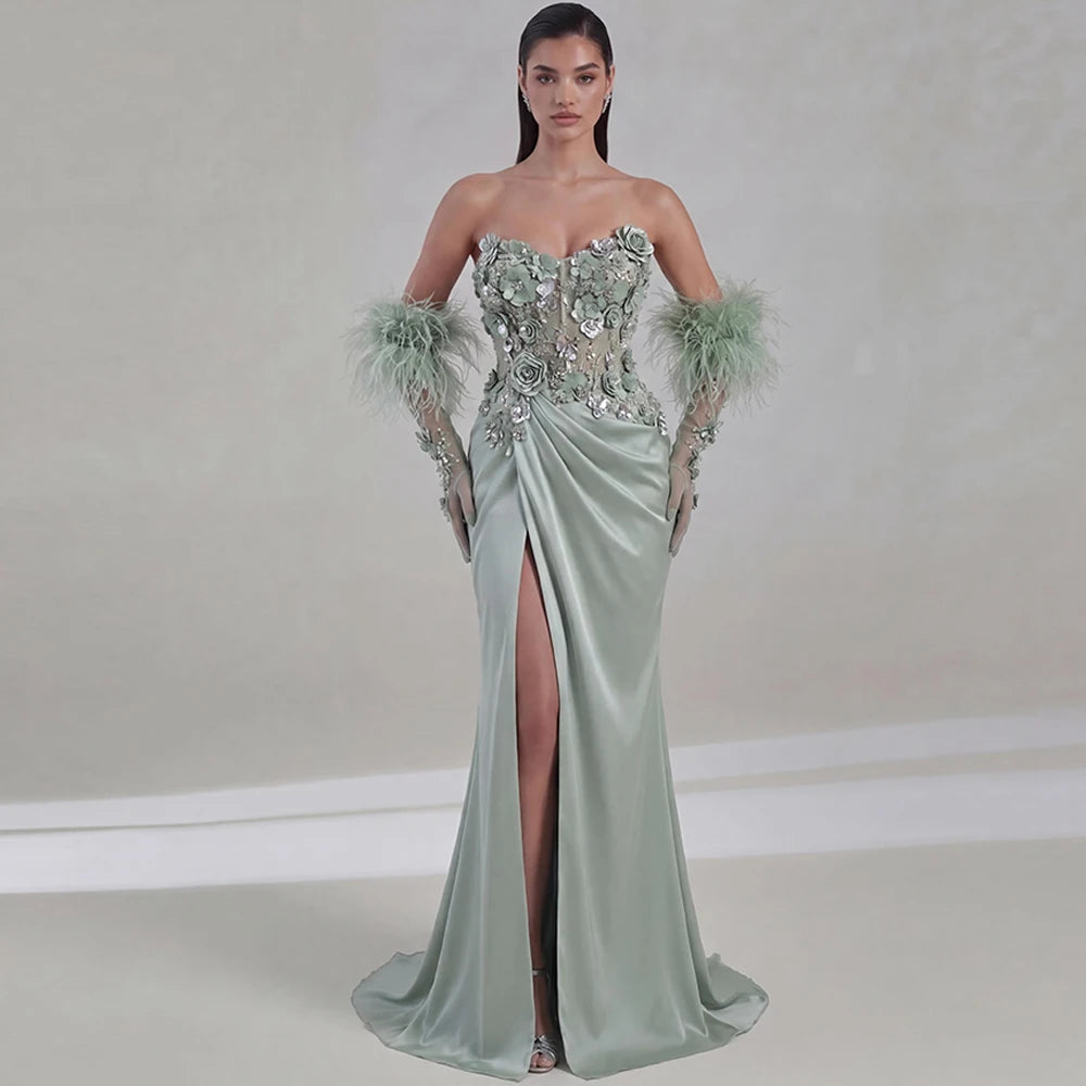 Sexy Strapless Satin Evening Dress Graceful Mermaid Prom Dresses Fashion Feathers Flowers Customized Special Occasion Gowns