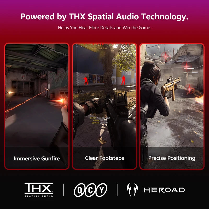 Heroad GT2 Wireless Gaming Headset by QCY THX Spatial Audio+7.1.4 Tri-mode RGB 3-Mic ENC Over Ear Headphone for PC Headset Gamer