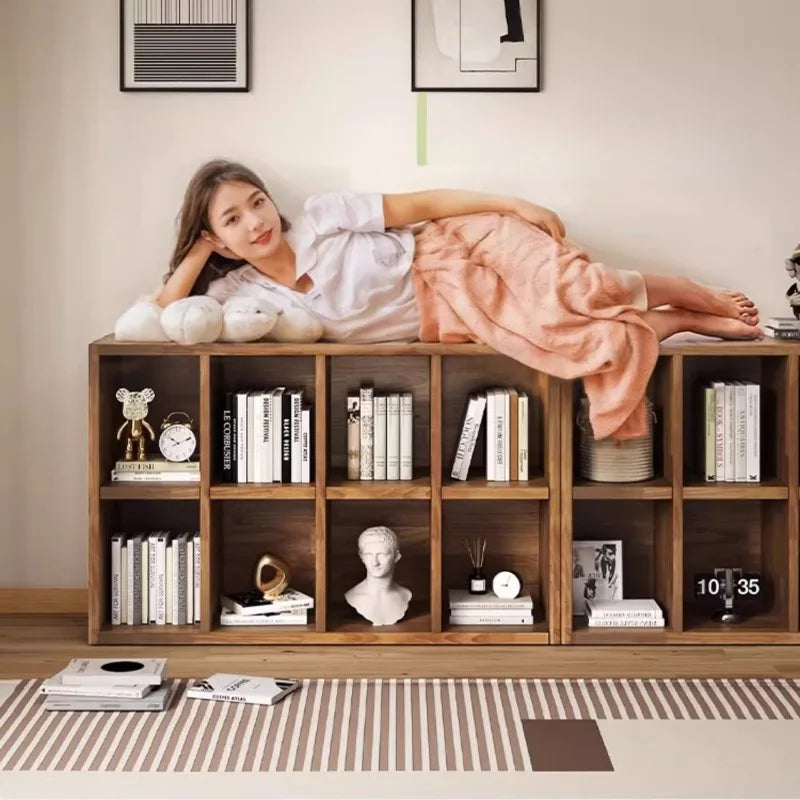 Solid Wood Short Bookshelf Floor Storage Cabinet Grid Organizer Shelf for Living Room Home & Kindergarten Display Unit