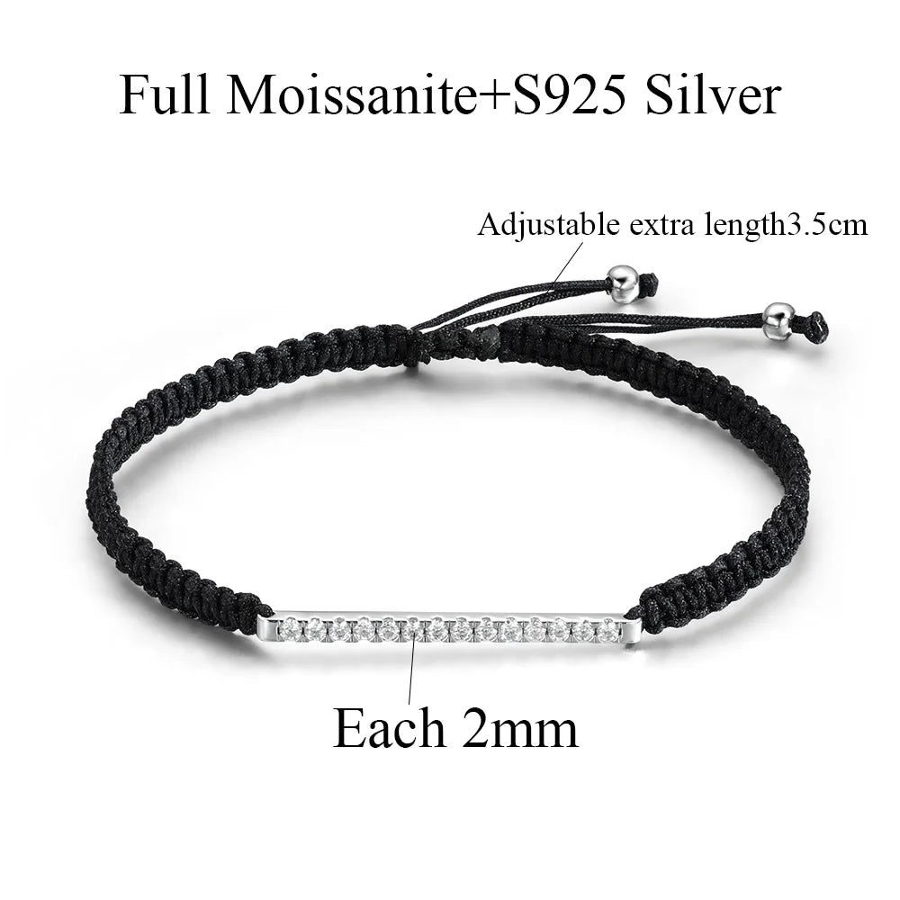 OEVAS 2/3mm Full Moissanite Bracelet for Women S925 Silver Lab Diamond Adjustable Braided Rope Chain Party Fine Jewelry Gift