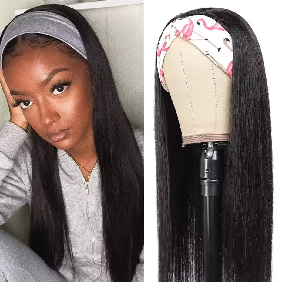 16 18 20Inch Headband Wig Human Hair Straight Headband Wigs for Black Women Glueless None Lace Front Human Hair Headband Wig Brazilian Virgin Hair Machine Made Wigs Natural Black 180% Density