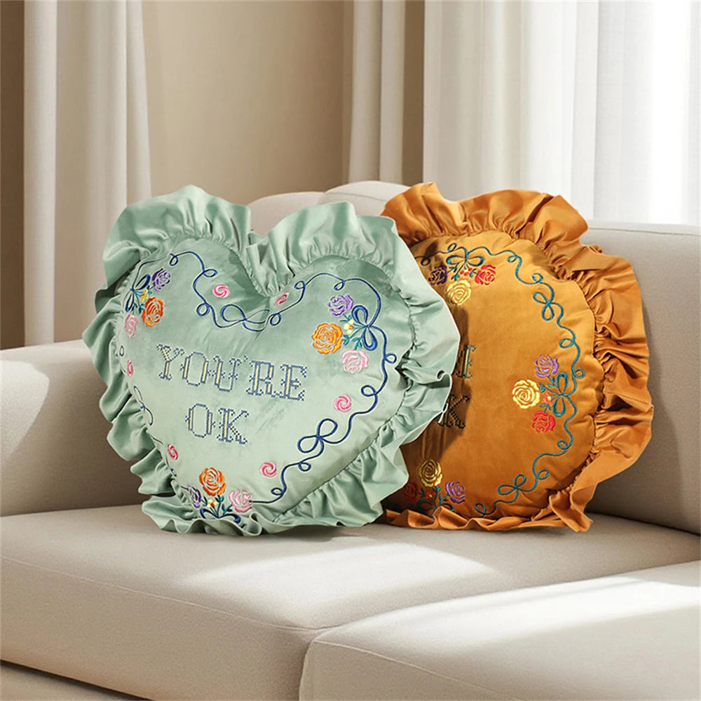 European-Style Pillow Two-Sided Sponge Balcony Cushion Home Decoration Embroidery Letter Printing Ruffled Round Love Pillowcase