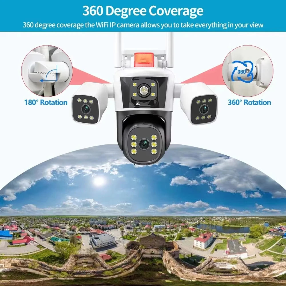 12MP 6K WiFi Security Cameras Four Len Three Screens Outdoor PTZ Video Cam Auto Tracking 6K Waterproof Surveillance Cam IPC360