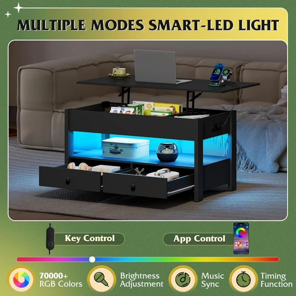 WLIVE Black Lift Top Coffee Table with 2 Drawers LED Light - Large Storage Open Shelf for Living Room Modern Home Furniture