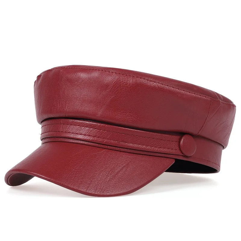 Fashion Unisex PU Leather Military Caps Spring Autumn Sailor Hats for Women Men Black Grey Flat Top Captain Cap Travel Cadet Hat