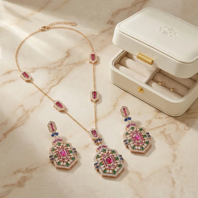 Vintage Style Earrings Necklace Women Lady Inlay Cubic Zircon Synthetic Ruby Rhombus Tassels Pendant Party Jewelry Sets
