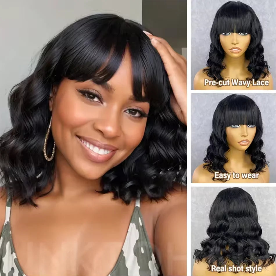 Indian Human Hair Body Wave Bob Virgin Hair Wig With Bang Short Short Natual Black Machine Made None Lace Hair Wig For Women