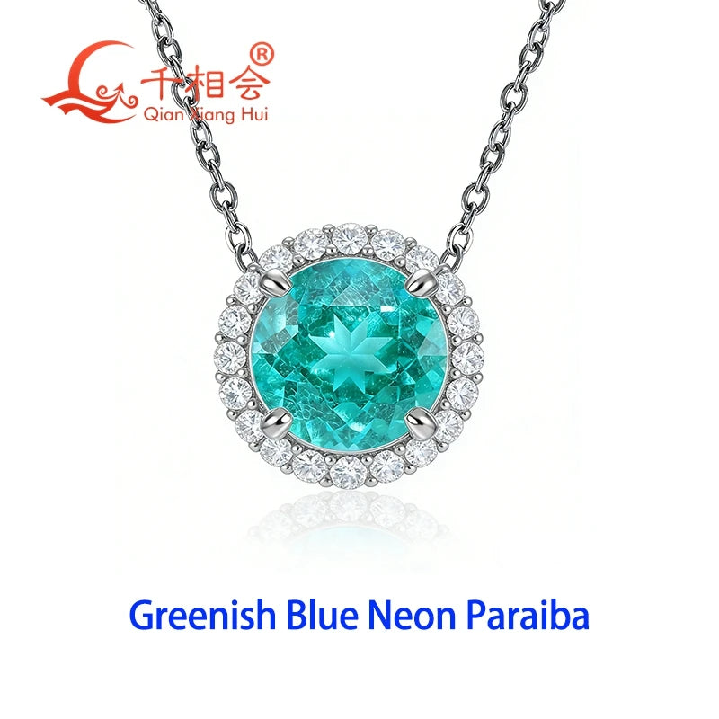 Luxury 925 Sterling Silver Necklace Paraiba YAG Gemstone with Moissanite Halo Pendant Neon Blue Paraiba Fine Jewelry for Women