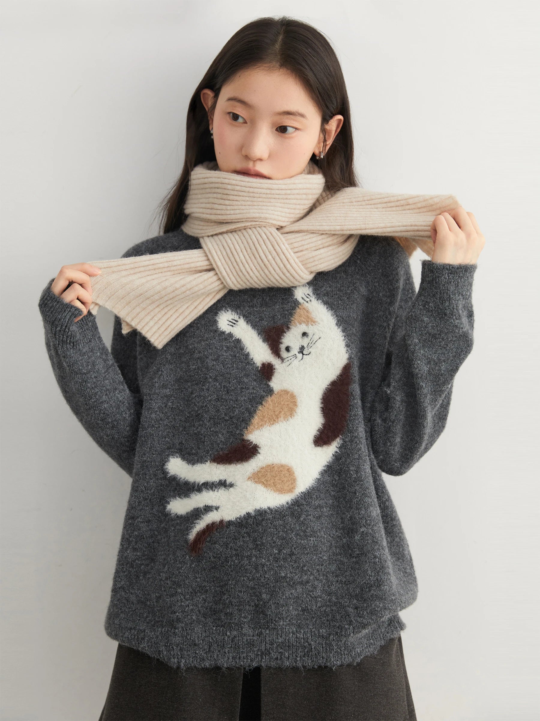 CHIC VEN Women Sweaters Loose Casual O Neck Knitted Cartoon Cat Warm Knitting Jumper Female Jumpers Pullovers Autumn Winter 2025