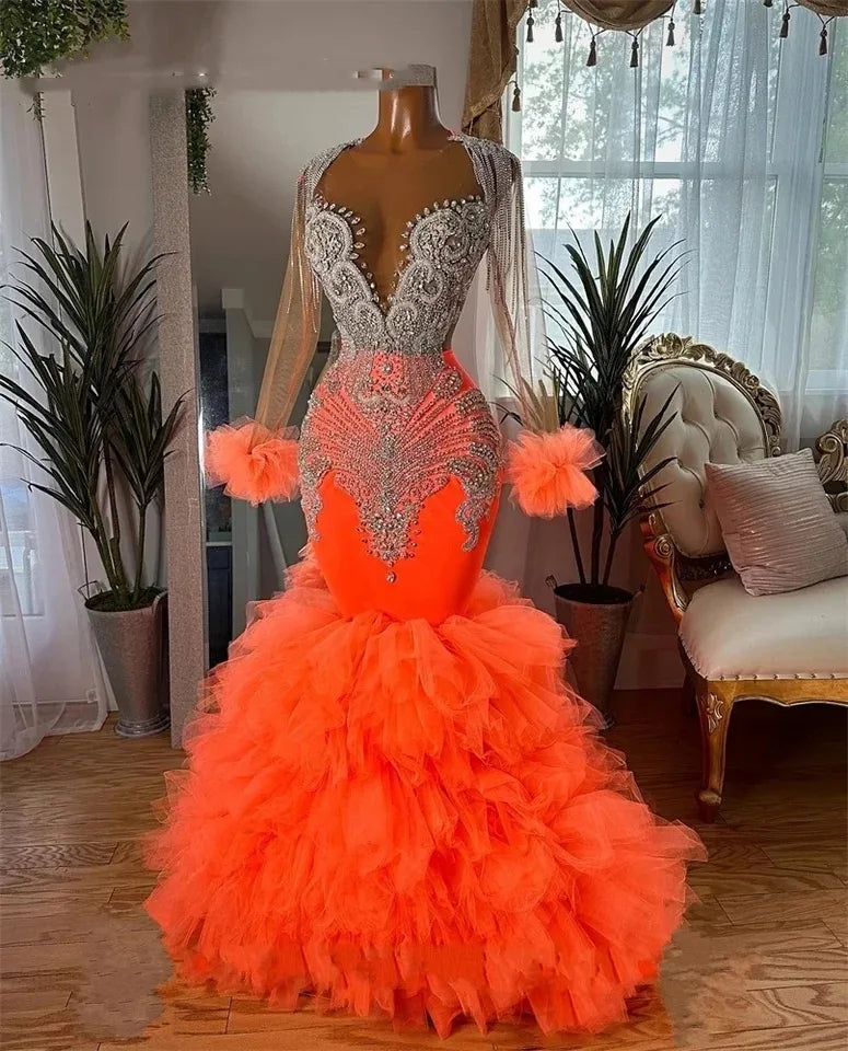 Orange Black Girl Prom Dresses 2024 Luxury Mermaid Rhinestones Beaded Long Sleeves Ruffles Birthday Evening Gala Gown Graduation