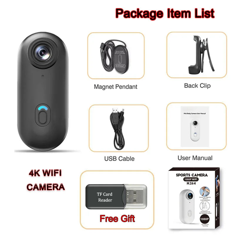 4K Mini HD WiFi 2.4G Action Camera Waterproof Magnetic Clip Click Chest Body Motorcycle POV Wearable Thumb Video Vlog Cameras