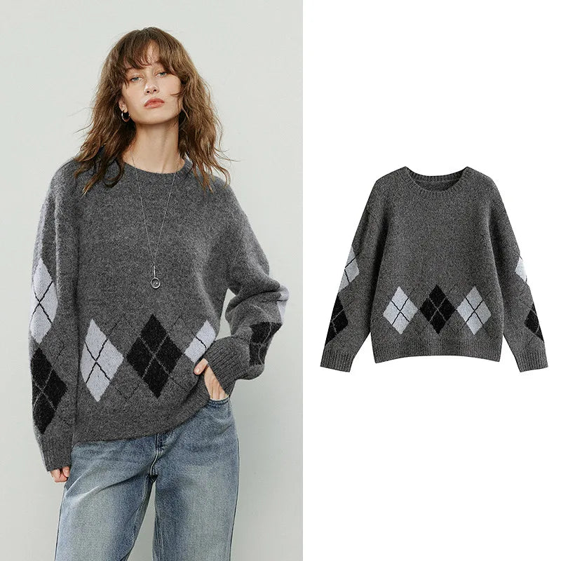 TOYOUTH Women Sweaters 2025 Winter New Vintage Argyle Alpaca Wool Yarn Crew-neck Knitted Tops
