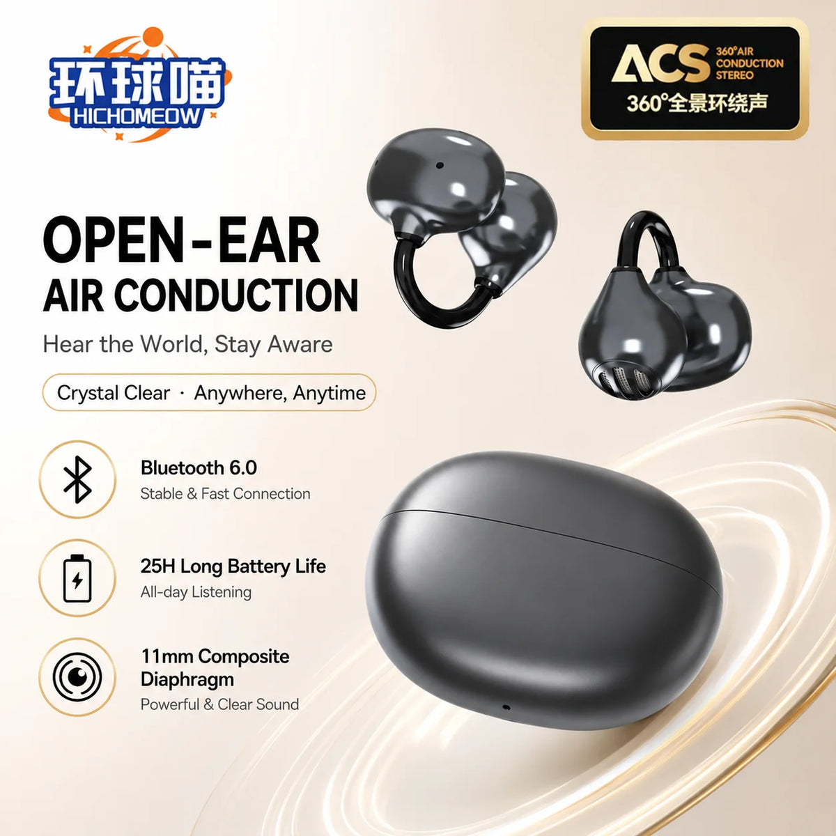 Ear Clip Earbuds Open Ear Wireless Earphones Bluetooth 6.0 Clip On Sports Headphones Super Bass IP55 Ear Buds HiFi Music Headset