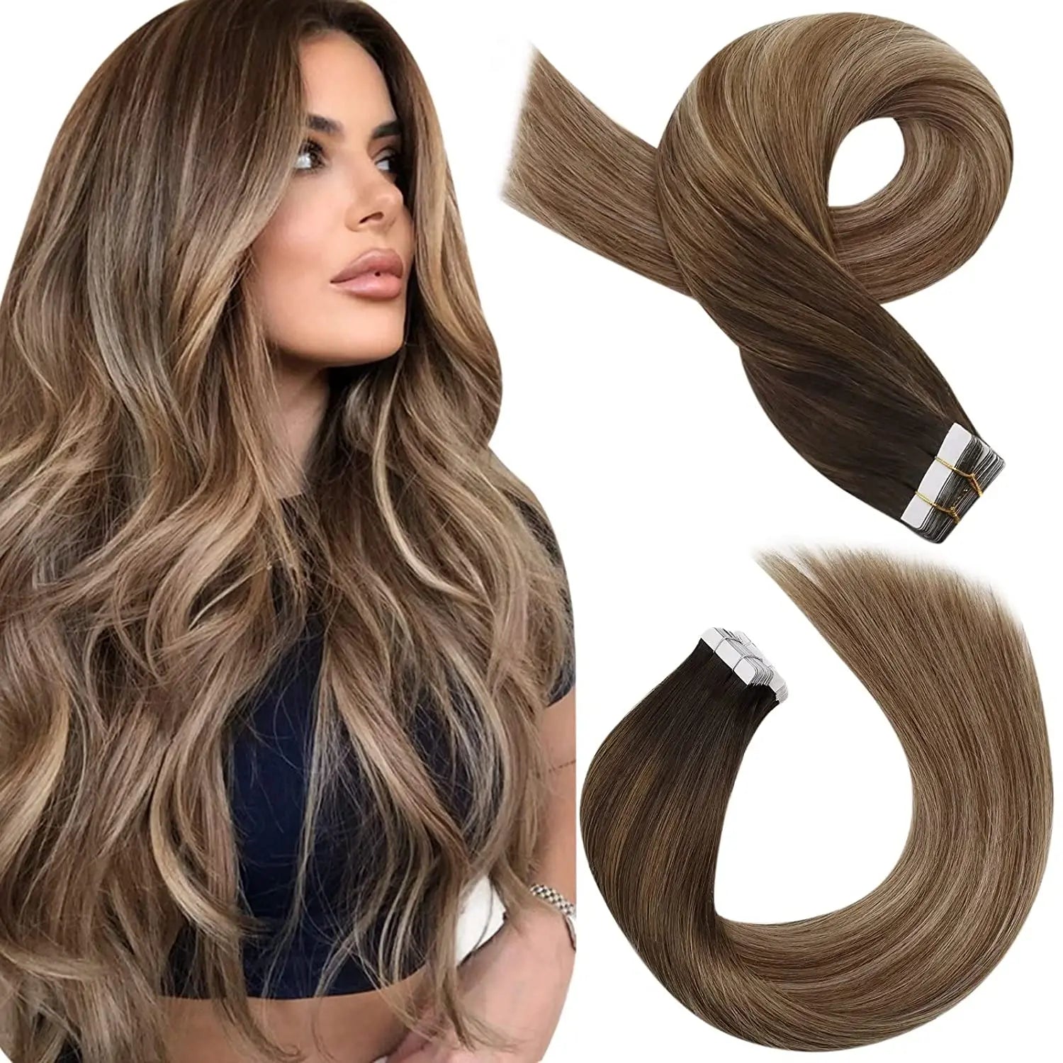 Moresoo Tape in Human Hair Extensions Balayage Blonde Hair Remy Hair Natural Soft Skin Weft Straight Seamless Hair Tape in Hair