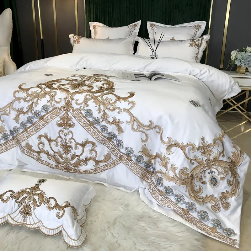 European Style Egyptian 100% Cotton Bedding Set Golden Embroidery Home Textiles Duvet Sheet Pillowcases Set Full King Queen Size