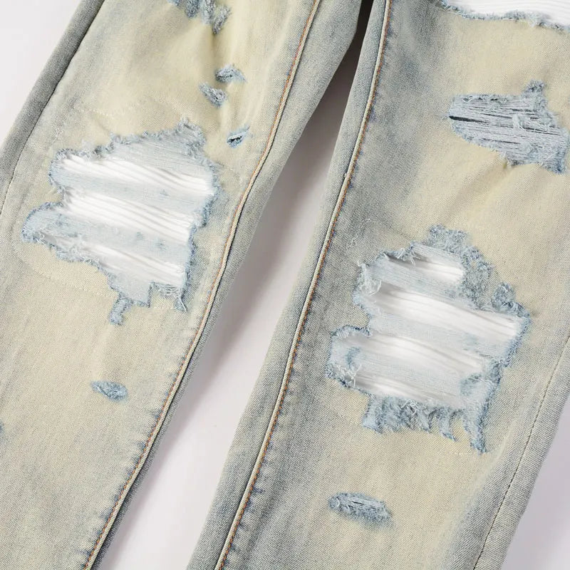 Designer High Street Fashion New Light Blue Men's Jeans Stretch Slimming White Leather Patch Hip Hop Brand Pants HombreY2K