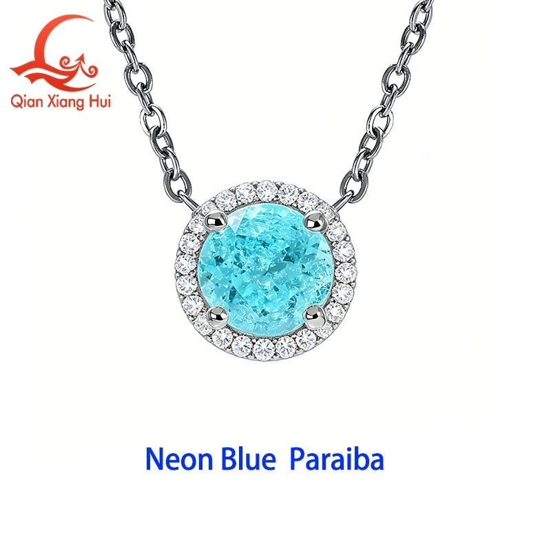 Luxury 925 Sterling Silver Necklace Paraiba YAG Gemstone with Moissanite Halo Pendant Neon Blue Paraiba Fine Jewelry for Women