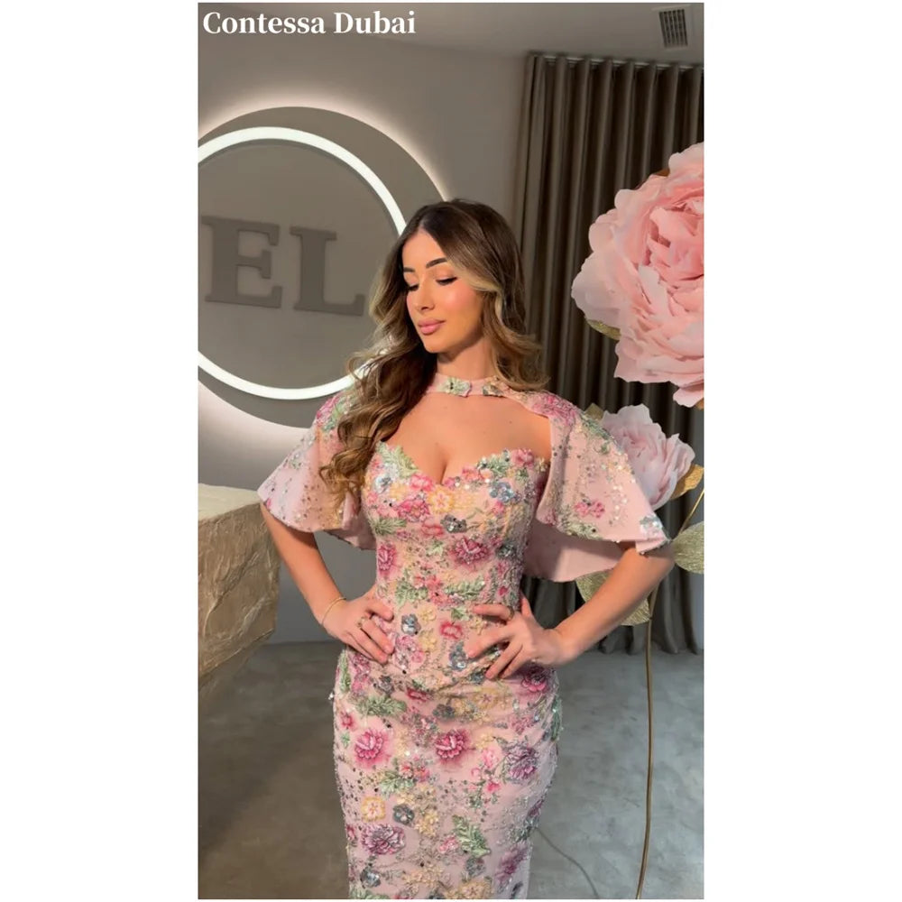 Contessa Custom evening dress Strapless Shawl Prom Dresses Floral Embroidery High Waist Vestidos De Noche Sheath Formal Evening