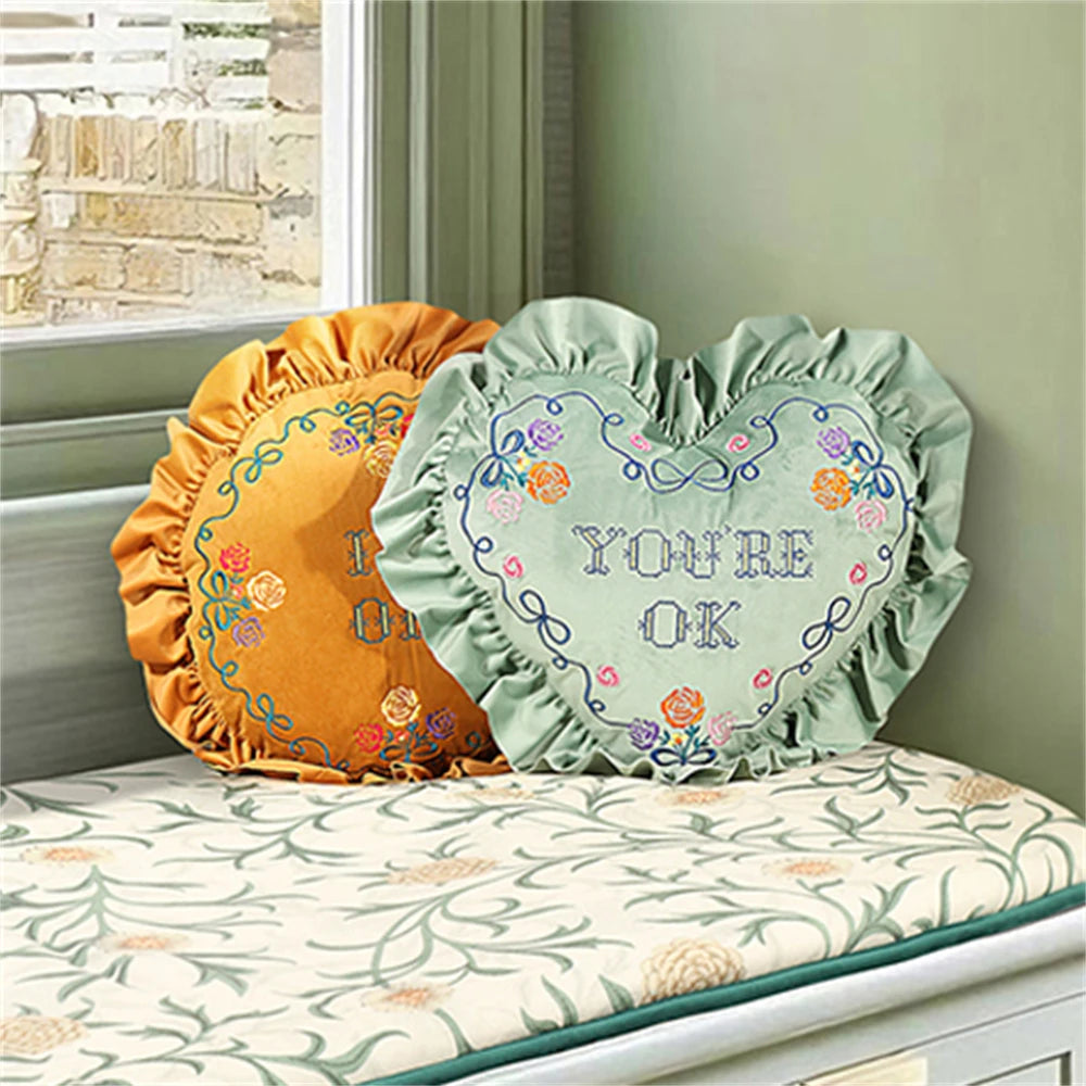 European-Style Pillow Two-Sided Sponge Balcony Cushion Home Decoration Embroidery Letter Printing Ruffled Round Love Pillowcase