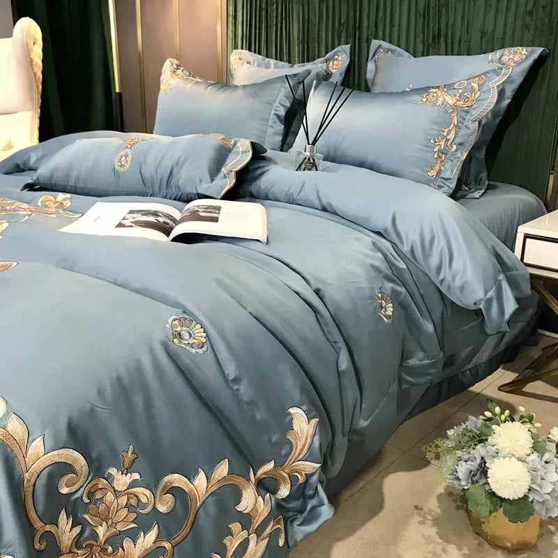 European Style Egyptian 100% Cotton Bedding Set Golden Embroidery Home Textiles Duvet Sheet Pillowcases Set Full King Queen Size