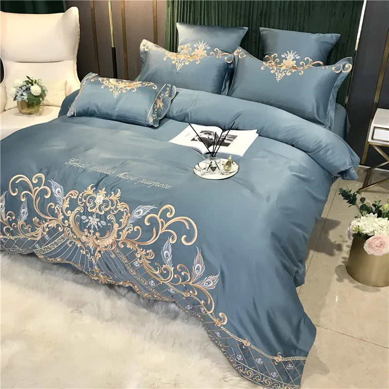 European Style Egyptian 100% Cotton Bedding Set Golden Embroidery Home Textiles Duvet Sheet Pillowcases Set Full King Queen Size