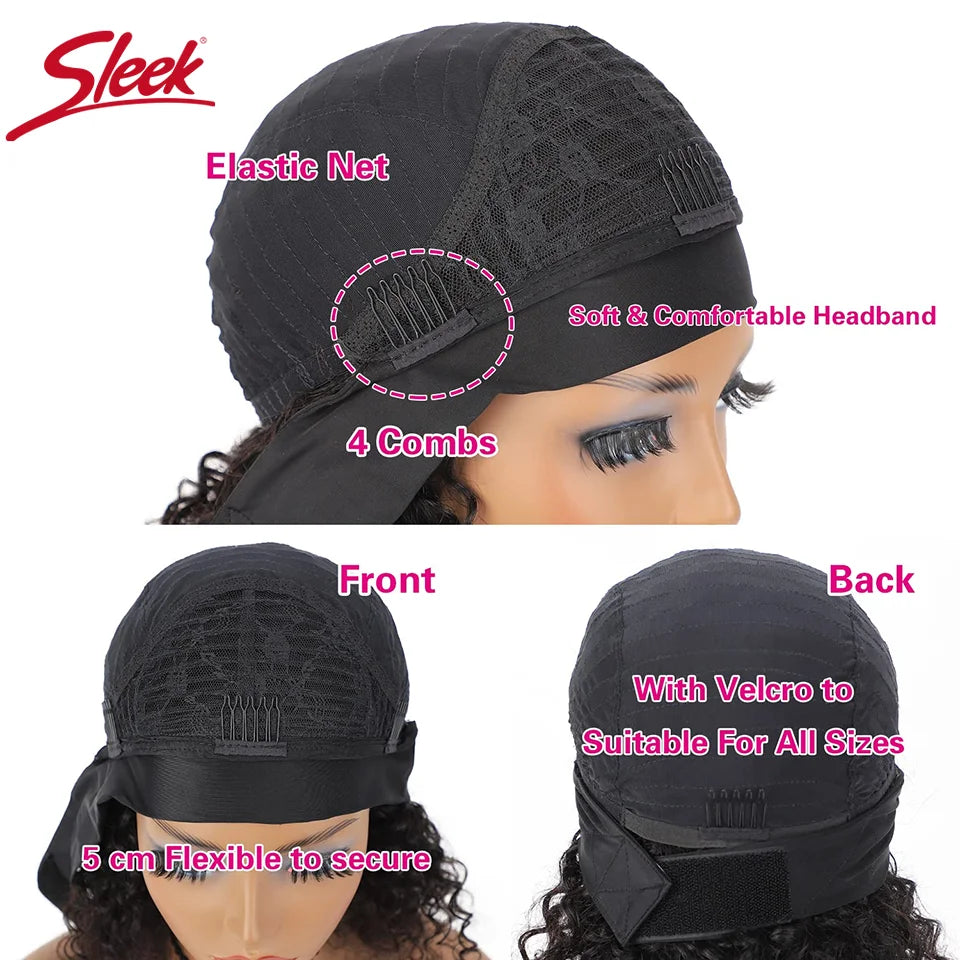 Human Hair Curly Wigs Headband Wig Brown Wear And Go Headband Wigs Glueless Wig With Elastic Band Pixie Cut Curly Human Wigs