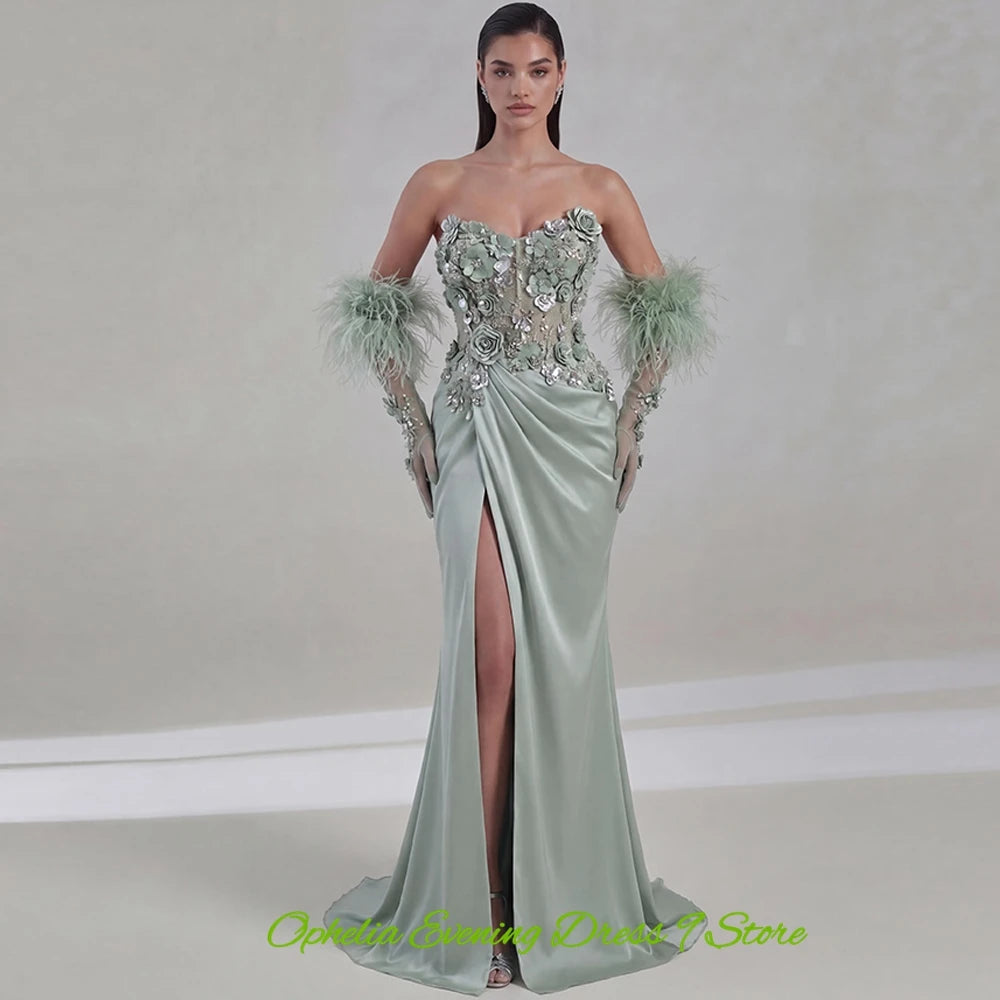 Sexy Strapless Satin Evening Dress Graceful Mermaid Prom Dresses Fashion Feathers Flowers Customized Special Occasion Gowns