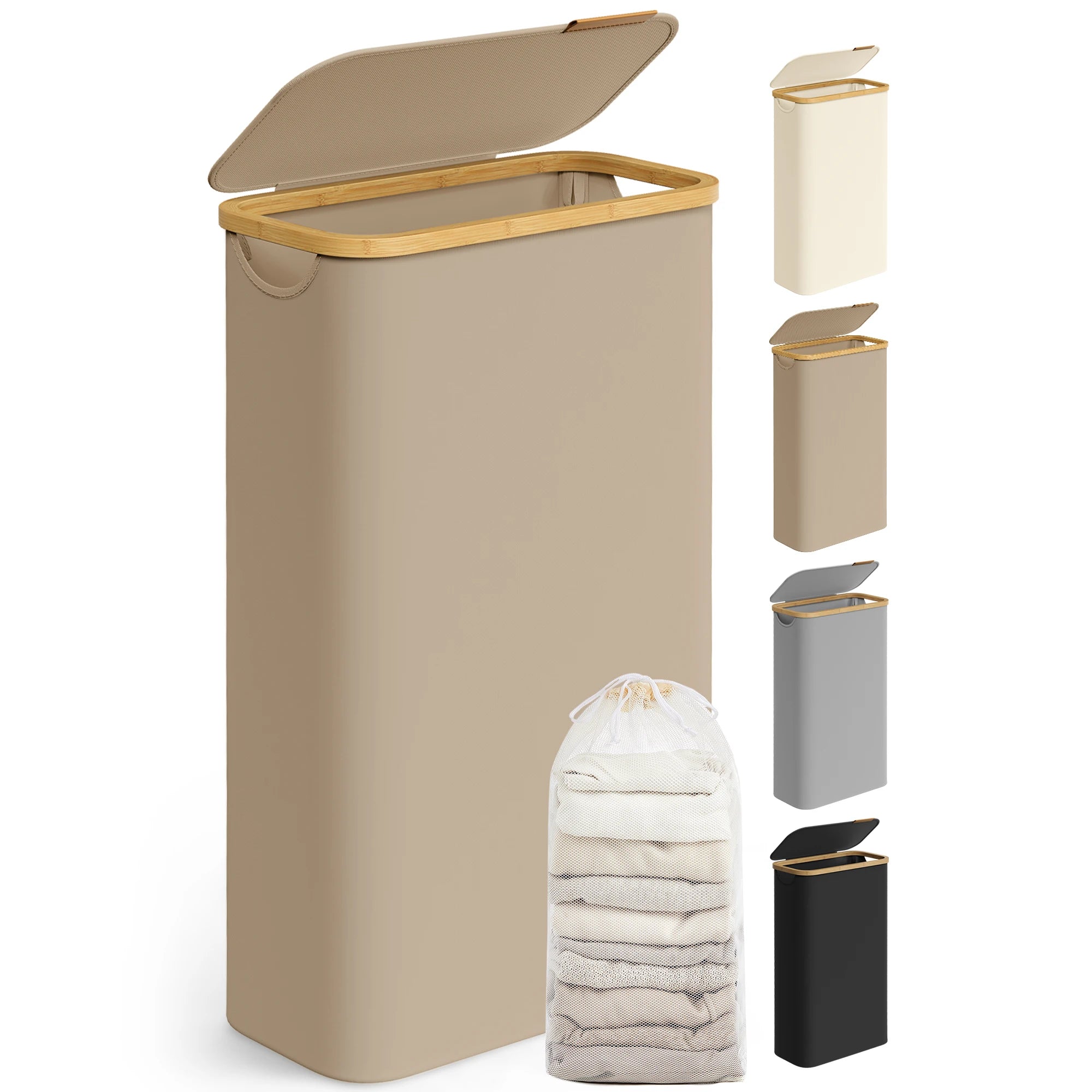 SONGMICS laundry basket with Lid 65 L Laundry Collector Space Saving Removable Laundry Bag Bamboo Handles Folding