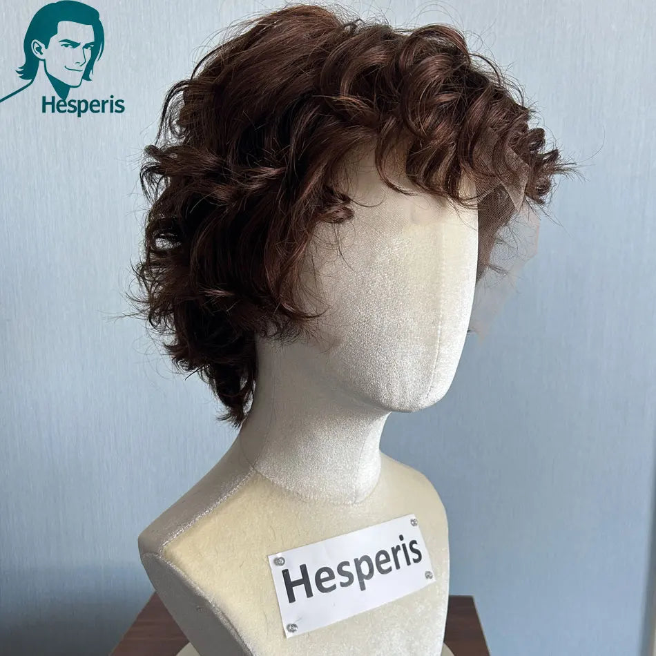 Hesperis Brown Short Curly Human Hair Wig Pre-Style Cut Lace Front with Bangs Men's Fashion Daily Lace Frontal Wigs For Male
