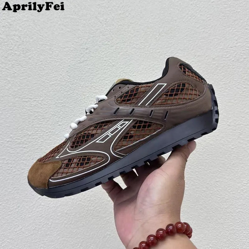 Street Fashion Top Qualitty Sneakers For Mens Hollow Air Mesh Laces Casual Shoes Unisex Genuine Leather Patchwork Tenis Feminino
