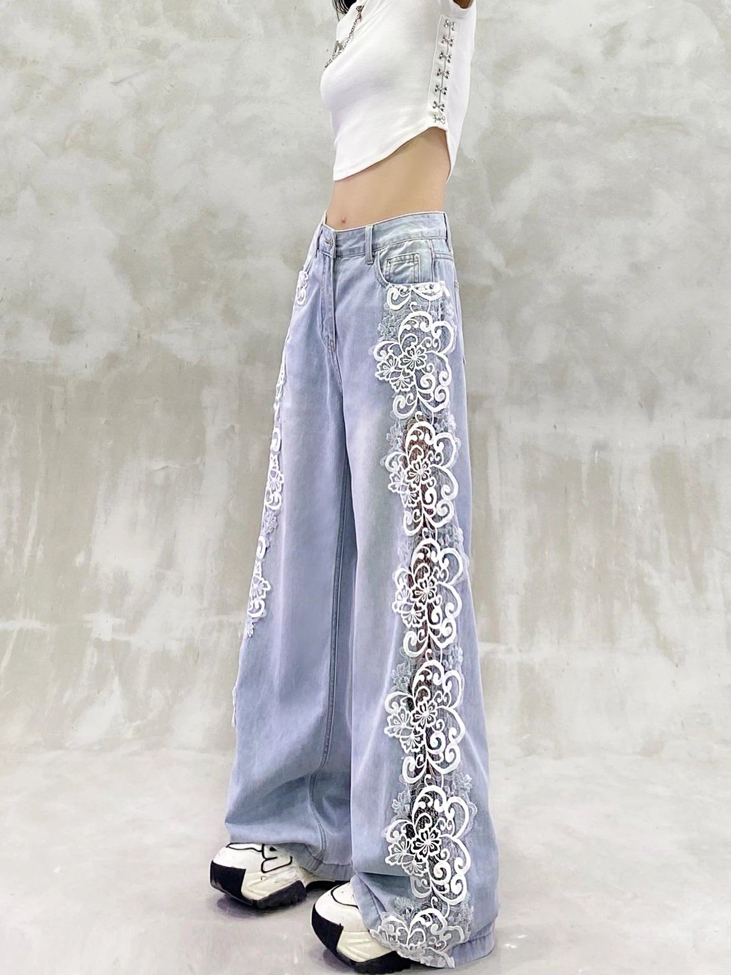 Fashion Light Blue Lace Hollow Splicing Leisure Jeans Women's Summer New High Waist Loose and Versatile Straight Wide-leg Pants